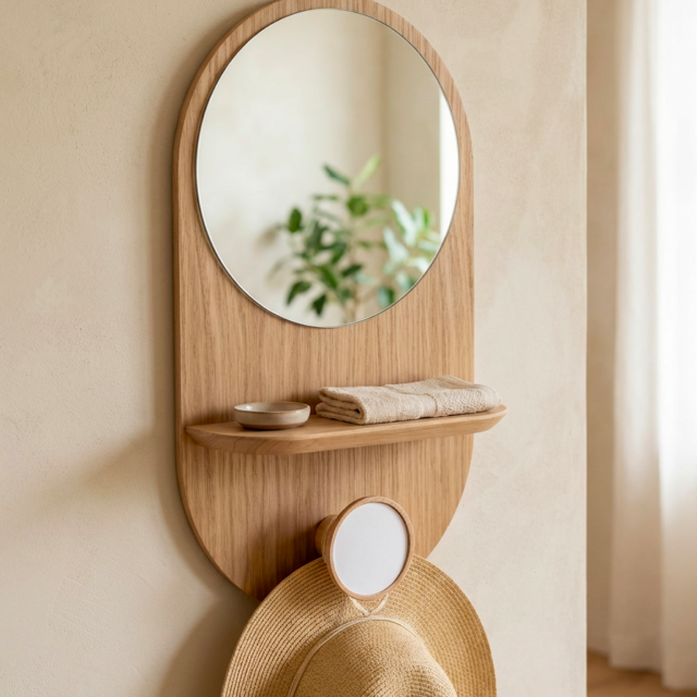 Reine Mère - Éclipse Clairon - Miroir avec étagère et patère en chêne – Teracotta