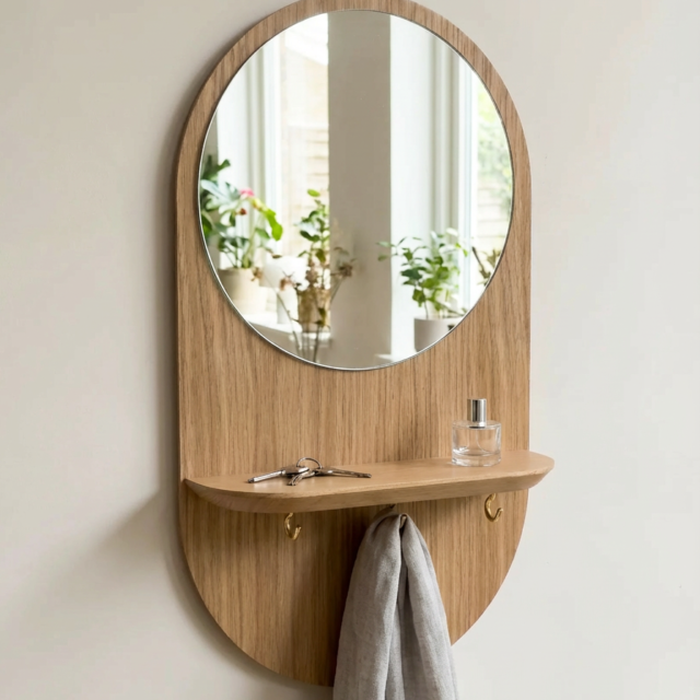 Reine Mère - Éclipse Crochets - Miroir avec étagère et crochets en chêne – Crochets dorés