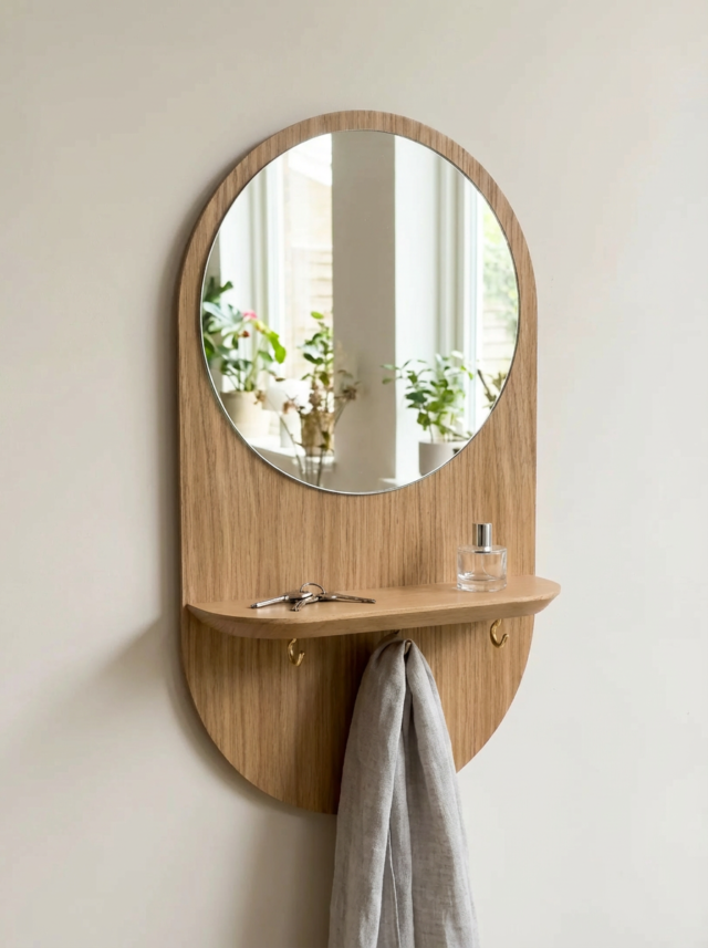 Reine Mère - Éclipse Crochets - Miroir avec étagère et crochets en chêne – Crochets dorés