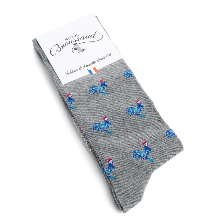 Maison Broussaud - Les Coqs - chaussettes homme - coton gris – 43/46 / Gris Clair