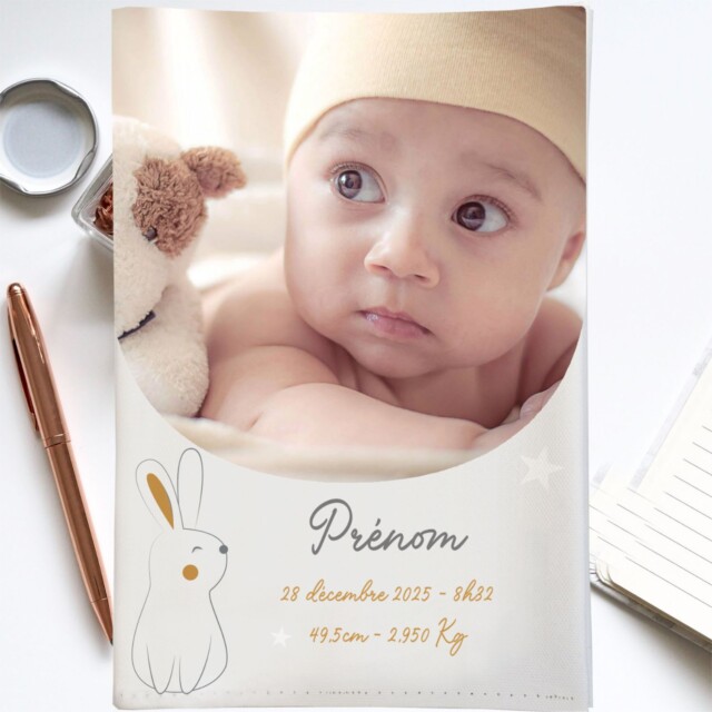L’Atelier BABY’SPHERE - Protège carnet de santé bébé personnalisé – Thème Lapin & Étoiles – Fabrication française