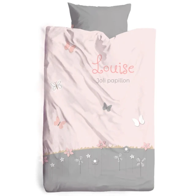 Atelier Baby’Sphère - Housse de couette papillons personnalisée rose poudré et grise