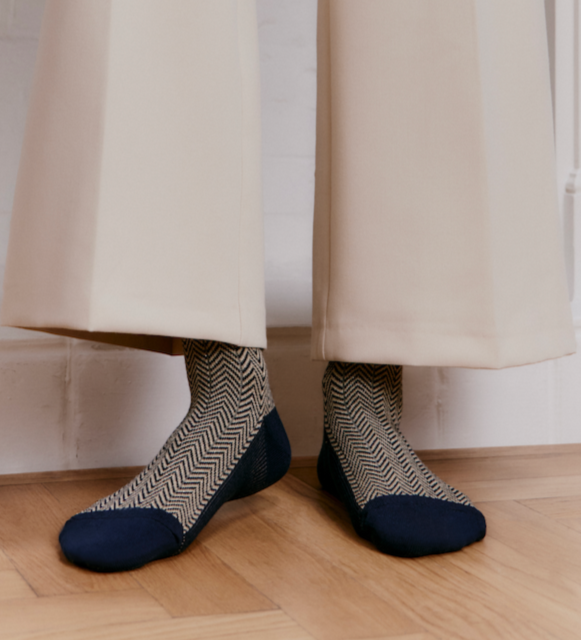 Maison Broussaud - Les chevrons - chaussettes femme - coton marine – 39/41 / MARINE/BEIGE/OR