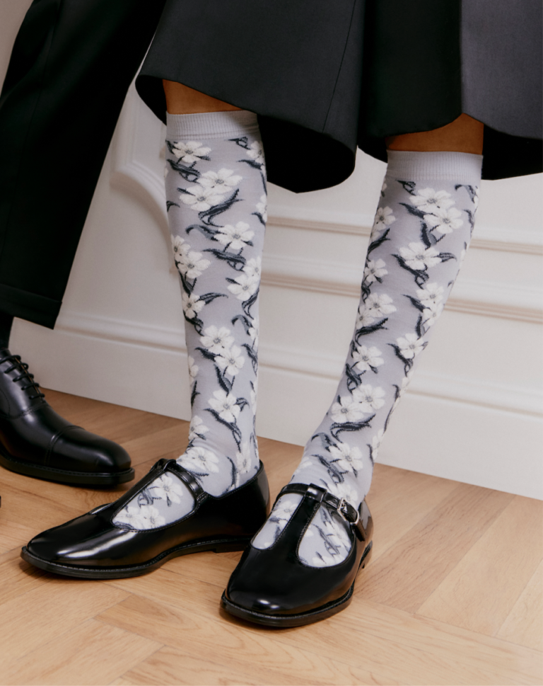 Maison Broussaud - Les mi-bas fleurs - chaussettes femme - coton pluie – 39/41 / PLUIE