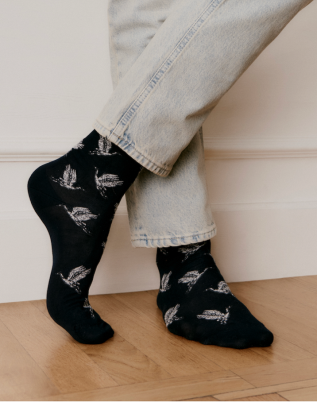 Maison Broussaud - Les oiseaux - chaussettes homme - coton marine – 39/42 / MARINE/GIRS