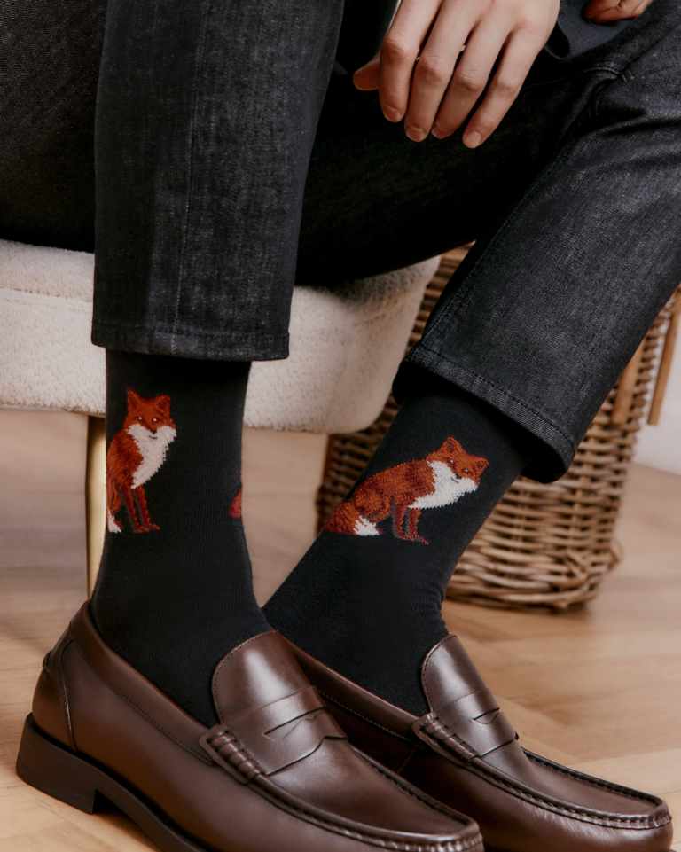 Maison Broussaud - Renard - chaussettes homme - coton noir – 43/46 / NOIR