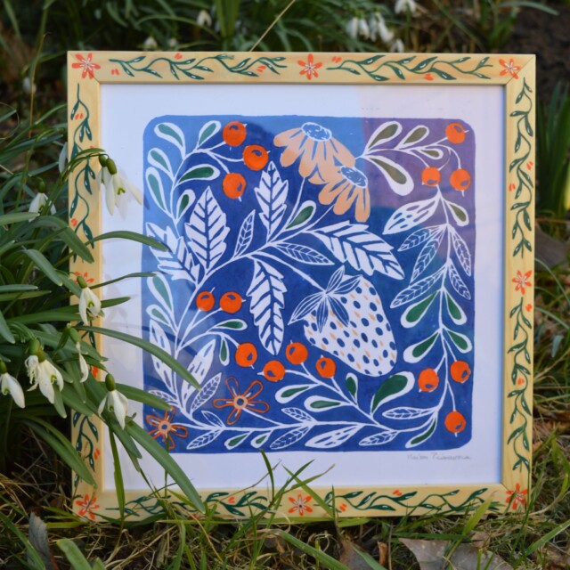 Maison Primavera - Linogravure peinte - Jardin fleuri – Variante 2