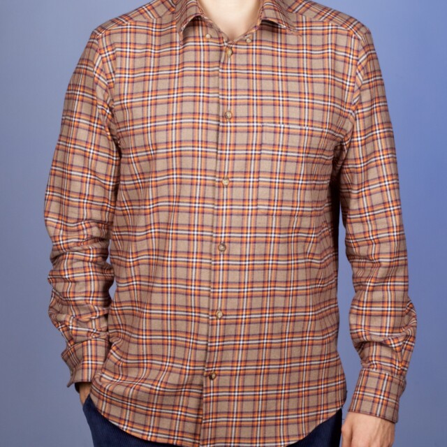 La Chemise Française - Chemise Flanelle Carreaux Camel/Orange - Col Boutonné – 2XL