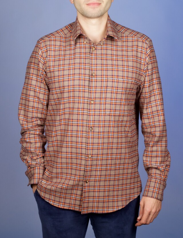 La Chemise Française - Chemise Flanelle Carreaux Camel/Orange - Col Boutonné – 2XL