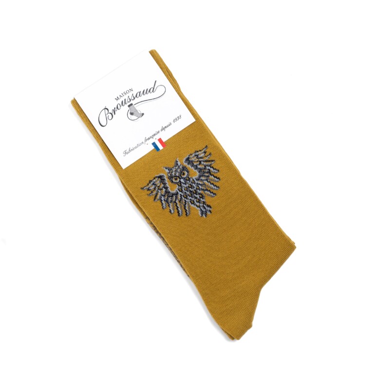 Maison Broussaud - Les hiboux - chaussettes homme - coton olive – 43/46 / OLIVE