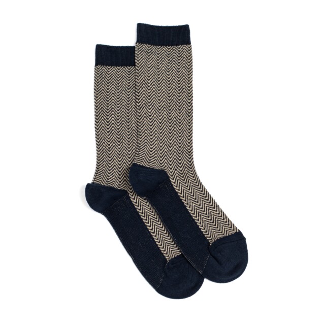 Maison Broussaud - Les chevrons - chaussettes femme - coton marine – 39/41 / MARINE/BEIGE/OR