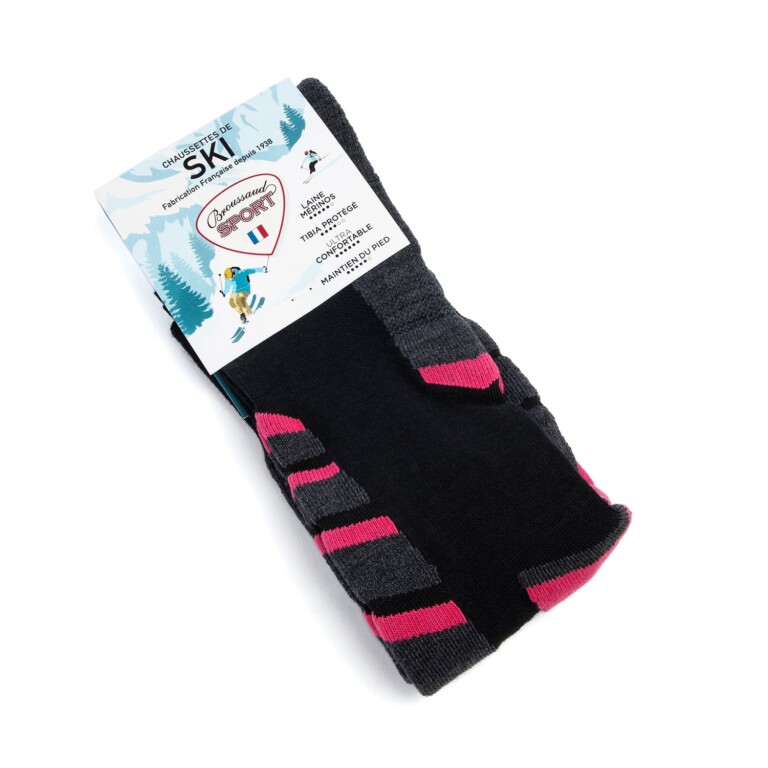 Maison Broussaud - Chaussettes de ski - Broussaud Sport - laine noir-gris-rose – 39/41 / NOIR / GRIS / ROSE