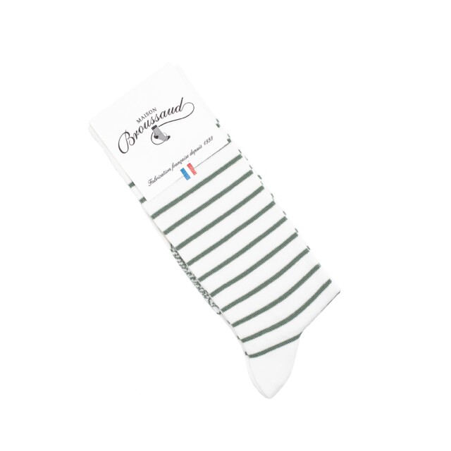 Maison Broussaud - La marinière - chaussettes homme - coton blanc – 43/46 / BLANC/VERT