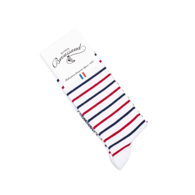 Maison Broussaud - La marinière tricolore - chaussettes homme - coton blanc – 43/46 / BLANC BLEU ROUGE