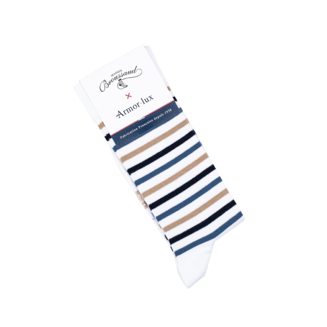 Maison Broussaud - Les rayures-multico Armor-lux x Maison Broussaud - chaussettes homme - coton blanc bleu – 43/46 / BLANC/BLEU