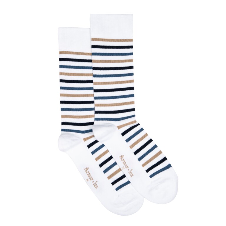 Maison Broussaud - Les rayures-multico Armor-lux x Maison Broussaud - chaussettes homme - coton blanc bleu – 43/46 / BLANC/BLEU