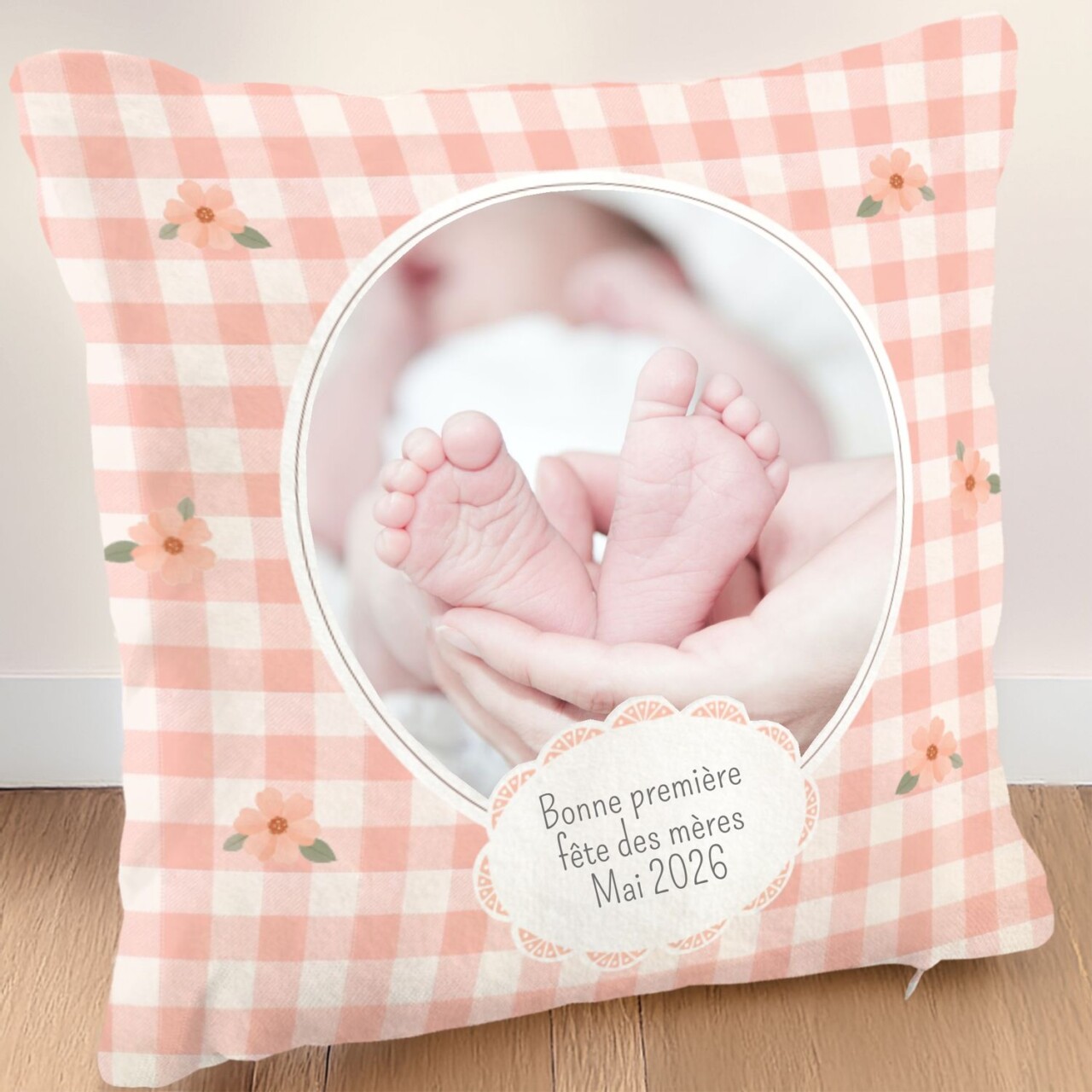 Mb14ThKiI YfZowtiu1 ffffff customall - Coussin photo Fête des Mères – Motif vichy tendance & personnalisation complète – Oui / 40x40cm