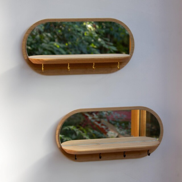 Reine Mère - Mini moonlight - Miroir en chêne avec étagère et crochets – Dorés