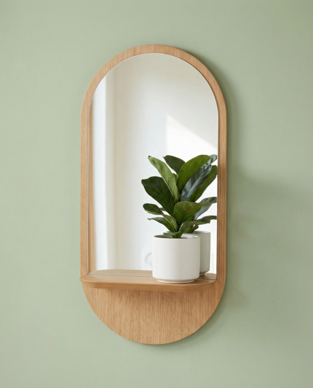 Solstice – Miroir avec étagère en chêne par la marque Reine Mère Reine Mère - Solstice – Miroir avec étagère en chêne