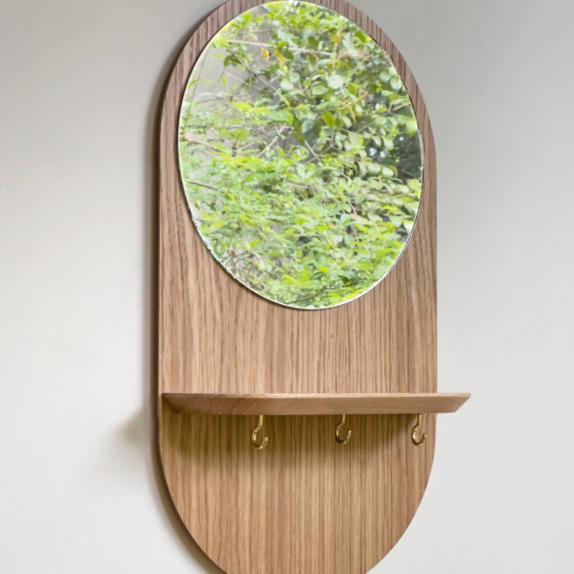 Reine Mère - Éclipse Crochets - Miroir avec étagère et crochets en chêne – Crochets dorés
