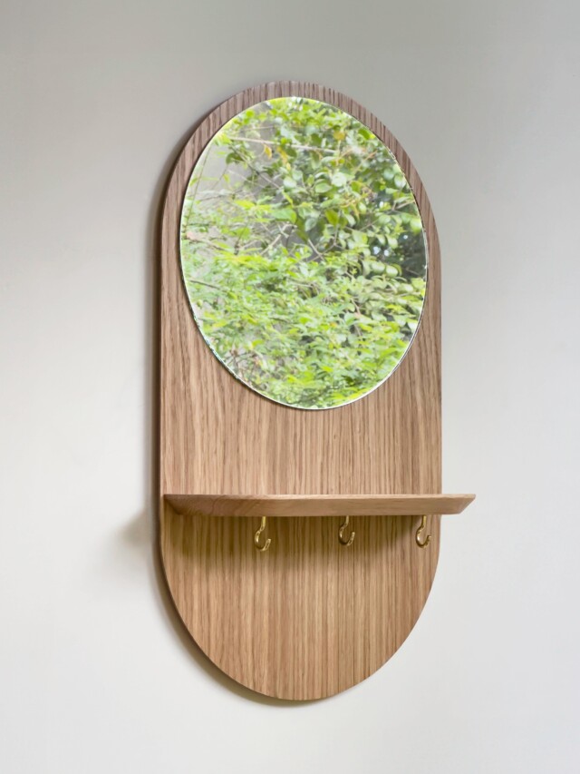 Reine Mère - Éclipse Crochets - Miroir avec étagère et crochets en chêne – Crochets dorés
