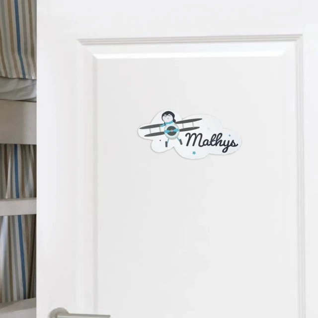 Atelier Baby’Sphère - Plaque de porte nuage personnalisée – Ourson aviateur et avion biplan