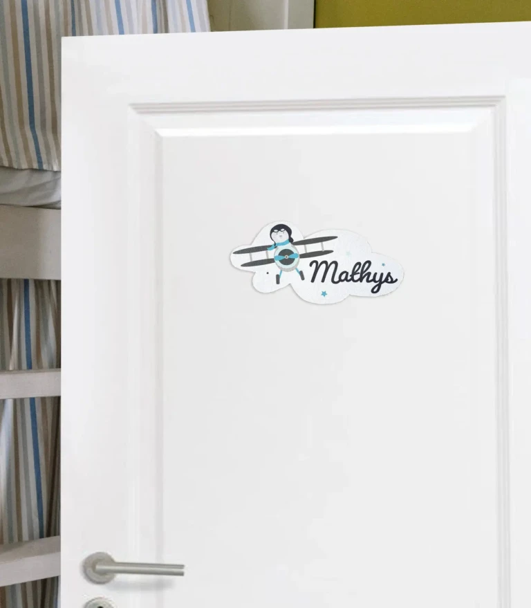 Atelier Baby’Sphère - Plaque de porte nuage personnalisée – Ourson aviateur et avion biplan