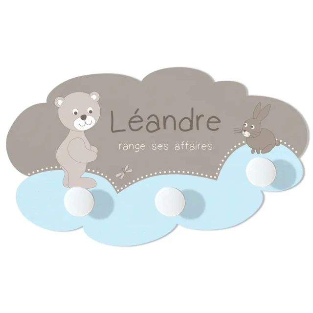 L’Atelier BABY’SPHERE - Grand portemanteau en forme de nuage avec ourson et lapin