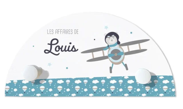 L’Atelier BABY’SPHERE - Portemanteau prénom 2 patères de l’ourson aviateur