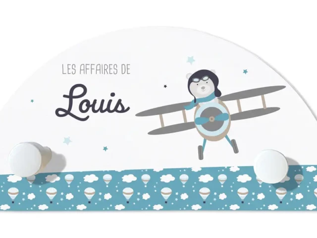 Atelier Baby’Sphère - Portemanteau prénom 2 patères de l'ourson aviateur