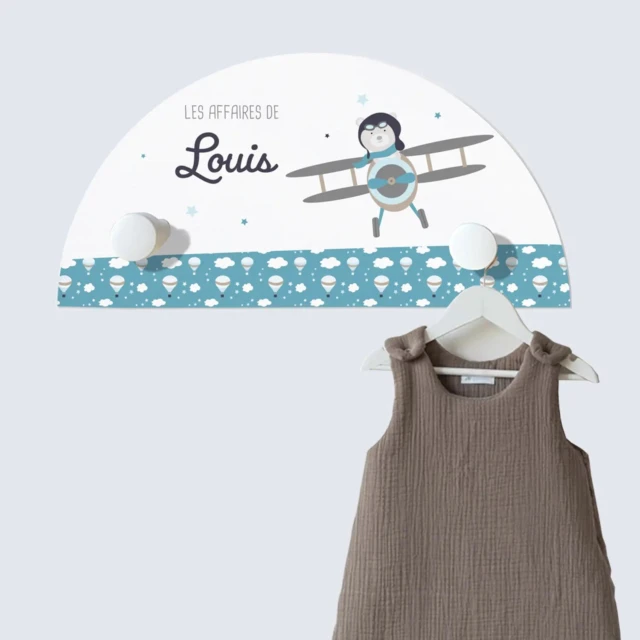 Atelier Baby’Sphère - Portemanteau prénom 2 patères de l'ourson aviateur