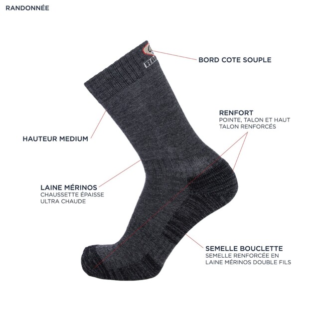 Maison Broussaud - Chaussettes de randonnée hautes - Broussaud Sport - laine anthracite – 43/46 / ML ANTHRACITE