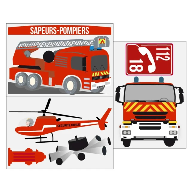 L’Atelier BABY’SPHERE - Stickers Muraux Pompiers – Collection Sapeurs-Pompiers – Ensemble de 3 Feuilles A4