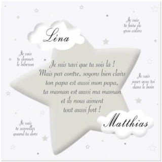 L’Atelier BABY’SPHERE - Toile personnalisée « Arrivée petit frère ou petite sœur » – Nuages & Étoiles