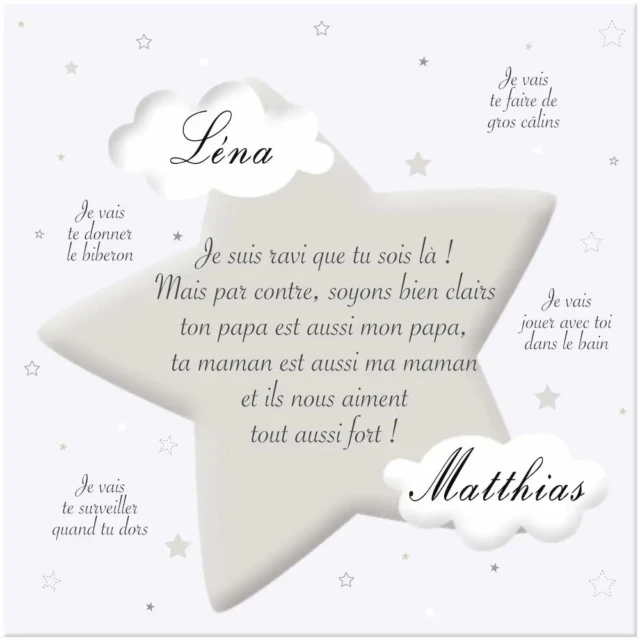 L’Atelier BABY’SPHERE - Toile personnalisée « Arrivée petit frère ou petite sœur » – Nuages & Étoiles