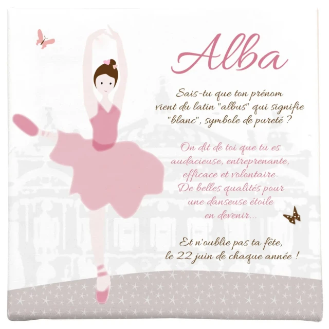 L’Atelier BABY’SPHERE - Toile prénom personnalisée – Danseuse étoile en tutu rose