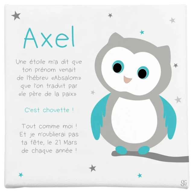 Atelier Baby’Sphère - Origine du prénom racontée par bébé hibou sur un joli cadre