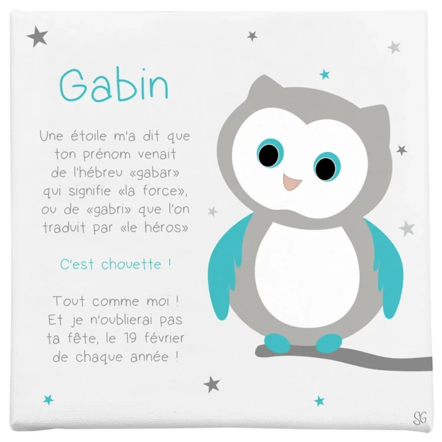 Atelier Baby’Sphère - Origine du prénom racontée par bébé hibou sur un joli cadre