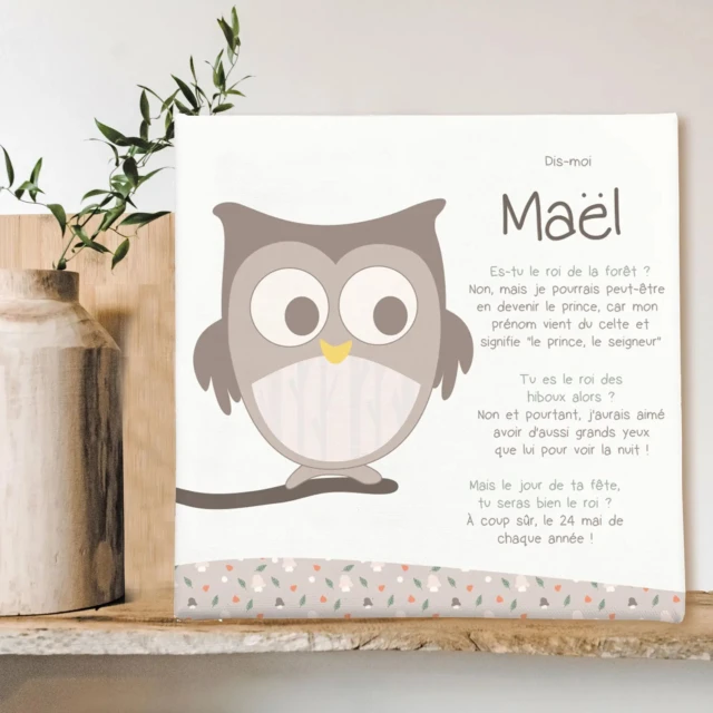 Atelier Baby’Sphère - Toile autour du prénom avec le hibou de la forêt