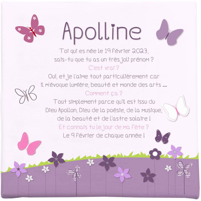 Atelier Baby’Sphère - Toile autour du prénom et jolis papillons rose et mauve