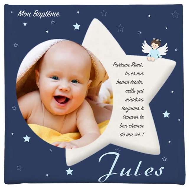 Atelier Baby’Sphère - Toile photo baptême bleu ciel étoilée
