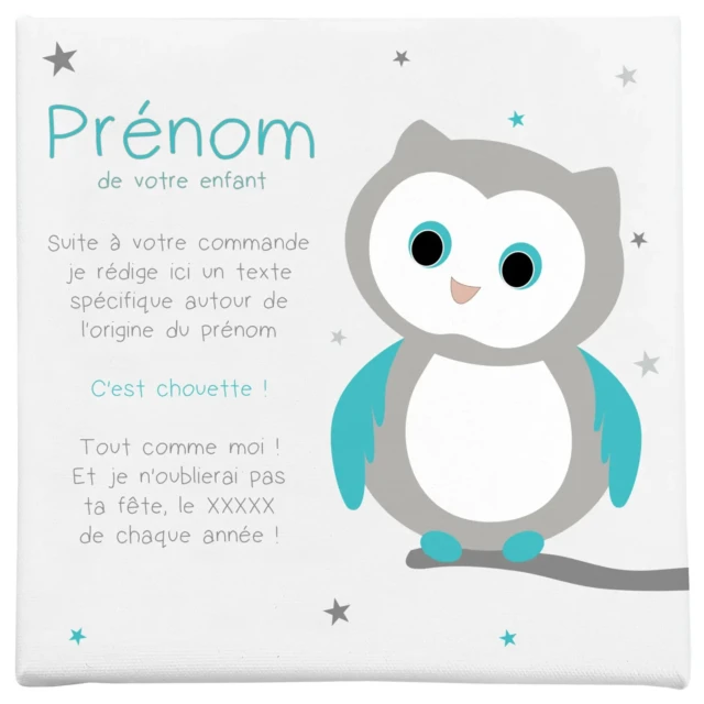 Atelier Baby’Sphère - Origine du prénom racontée par bébé hibou sur un joli cadre