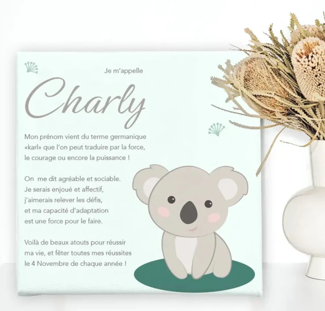 Toile origine et caractère prénom sur le thème du koala par la marque L’Atelier BABY’SPHERE L’Atelier BABY’SPHERE - Toile origine et caractère prénom sur le thème du koala