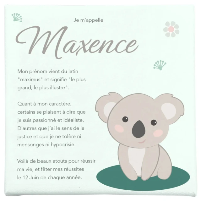 Atelier Baby’Sphère - Toile origine et caractère prénom sur le thème du koala