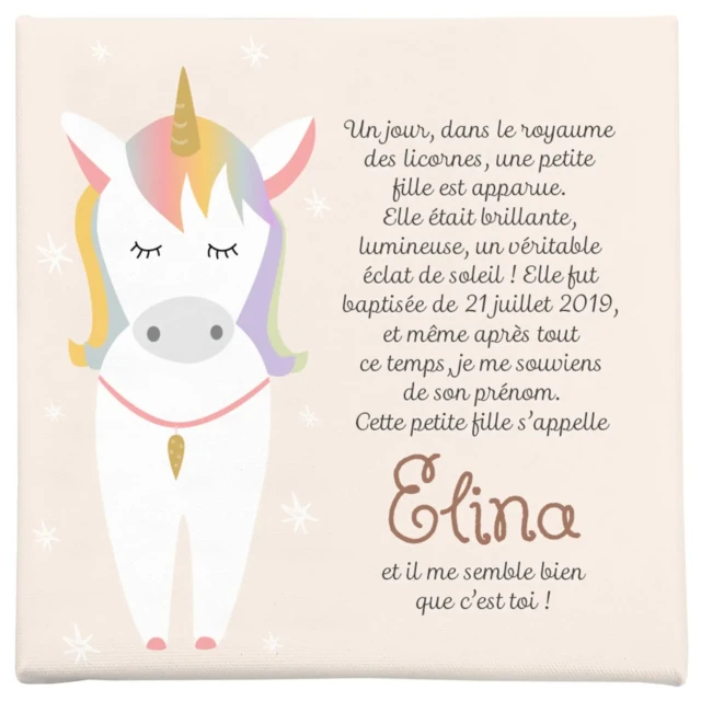 L’Atelier BABY’SPHERE - Toile prénom personnalisée licorne – Déco chambre fille