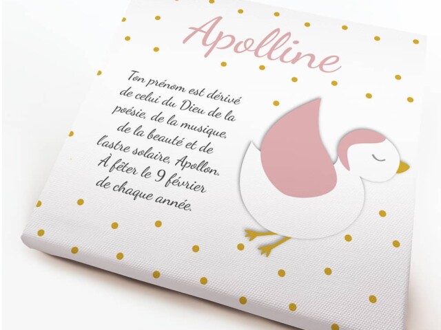 Atelier Baby’Sphère - Origine du prénom sur toile design avec oiseau rose poudré et pois doré