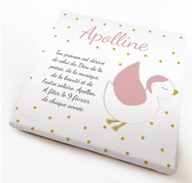 Origine du prénom sur toile design avec oiseau rose poudré et pois doré par la marque L’Atelier BABY’SPHERE L’Atelier BABY’SPHERE - Origine du prénom sur toile design avec oiseau rose poudré et pois doré