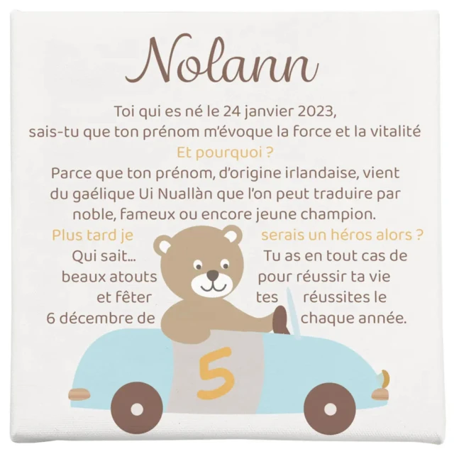 L’Atelier BABY’SPHERE - Toile personnalisée prénom bébé – Ourson en voiture vintage