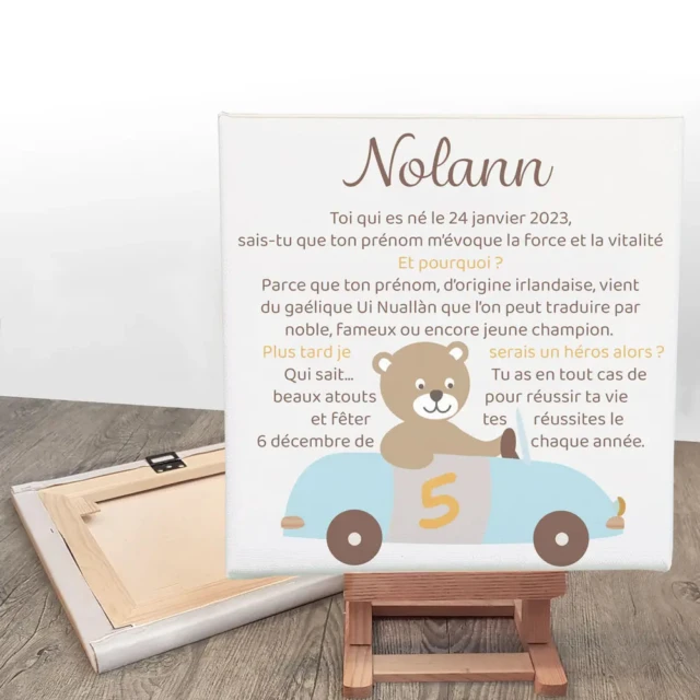 Atelier Baby'Sphère - Toile personnalisée prénom bébé – Ourson en voiture vintage