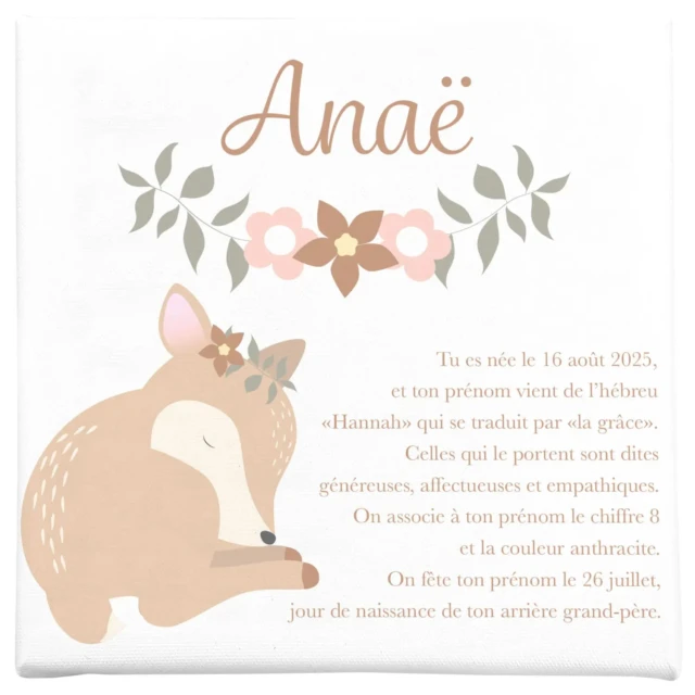 Atelier Baby’Sphère - 🦌 Toile prénom personnalisée – Biche endormie et décor floral